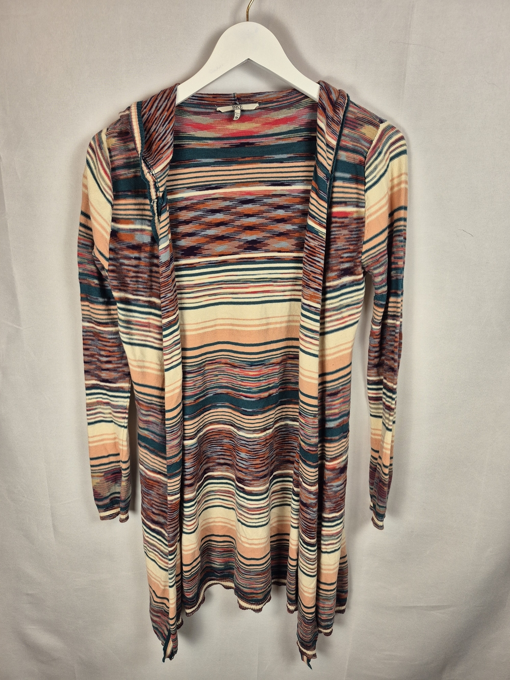 BKE Multicolor Striped Open-Front Hooded Cardigan - Cream, Teal, Rust